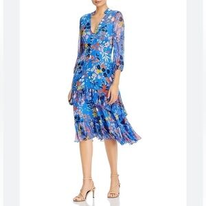 Shoshanna Womens Blue Zippered Ruffled Floral 3/4 Sleeve V Neck dress